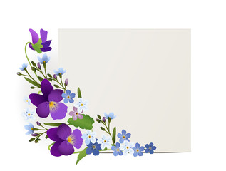 Ornament von Veilchen und Vergissmeinnicht Blumen mit Karte,   Vektor Illustration isoliert auf weißem Hintergrund