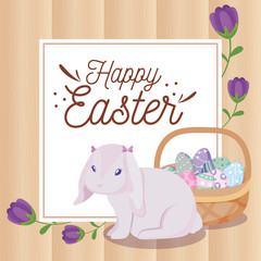 Happy easter rabbit with eggs basket vector design
