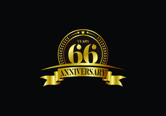 66th years anniversary logo template, vector design birthday celebration, Golden anniversary emblem with ribbon. Design for a booklet, leaflet, magazine, brochure, poster, web, invitation or greeting