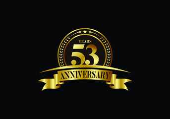 Fototapeta premium 53th years anniversary logo template, vector design birthday celebration, Golden anniversary emblem with ribbon. Design for a booklet, leaflet, magazine, brochure, poster, web, invitation or greeting