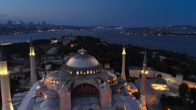Flying over Hagia Sophia and Church of Hagia Eirene in Istanbul. Istanbul&rsquo;s most significant symbols, Hagia Sophia, one of the most important masterpieces of world architecture. Aerial view