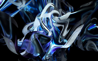 3d render of art 3d background with depth of field effect with abstract flying cloth textile scarf in blue plastic material with white parts in organic wavy curve lines pattern on black