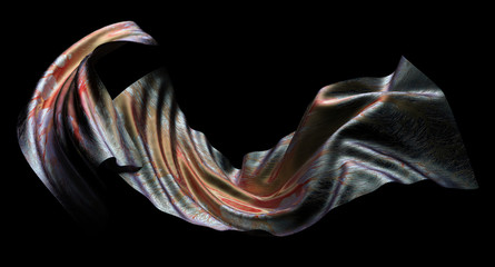 Obraz na płótnie Canvas 3d render of abstract 3d flying cloth, blanket, scarf or drapery in silky textile material with metal matte parts in orange and red gradient color in curve wavy and smooth lines on black background