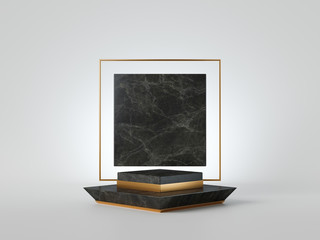 3d render, minimalist black marble podium isolated on white background. Empty platform, vacant pedestal, stage, showcase stand, product display. Gold square frame with copy space. Abstract concept