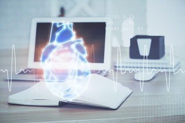 Desktop computer background and heart drawing. Double exposure. Medical study and healthcare concept.