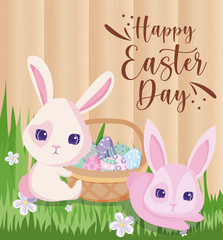 Happy easter rabbits with eggs basket vector design