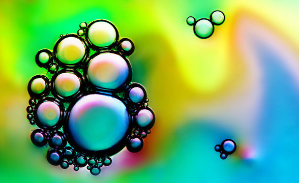 Macro PHOTO abstract of oil and water bubbles isolated on a multicolor background