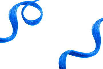 Blue hair on white, isolated. Thin curly threads as background