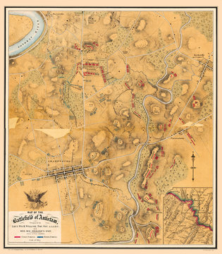 Map of the Battlefield of Antietam 1864. Shows roads, houses, fences, and troop positions. 