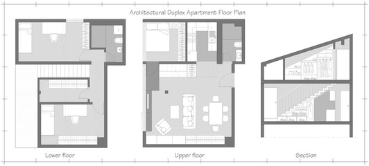 Architectural Duplex Apartment Floor Plans and section. Interior project design with Disposition Arrangement Furniture