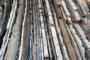 Rock strata, geological texture background detail in Zumaia, Basque Country, Spain .