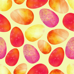 Colorful Easter eggs on a yellow background. Seamless patterns. Watercolor