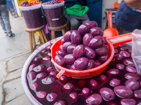 Peruvian olives or Botija olives at a local market