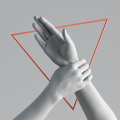 3d render human mannequin body parts white artificial female hands isolated on plain background. Red geometric triangular shape. Feminist protest metaphor. Modern minimal fashion, social issue concept