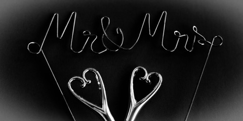 coseup of Mr and Mrs wedding topper for cake