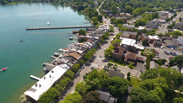 Aerial View Of Downtown Skaneateles, NY And Lakefront