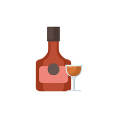 Cognac bottle with glass in flat style on a white background