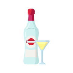 Martini bottle with glass flat vector illustration