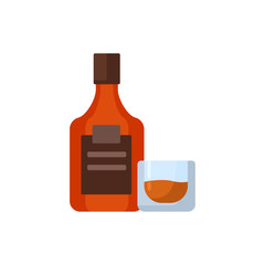 whiskey bottle with glass flat vector illustration
