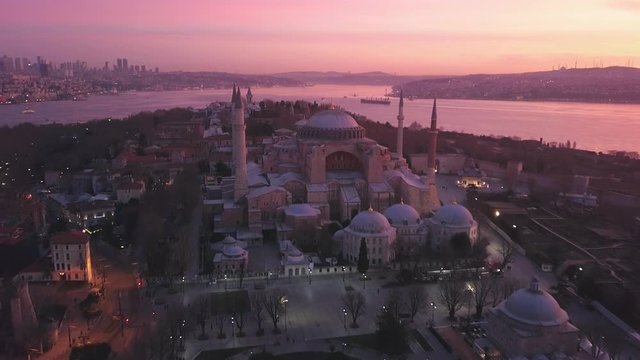 Istanbul Hagia Sophia and Church of Hagia Eirene Sunrise Aerial. Istanbul&rsquo;s most significant symbols, Hagia Sophia, one of the most important masterpieces of world architecture. Panoramic view