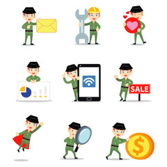 Set character of civil guard man checking security camera every hour.