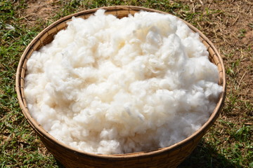 Cotton fiber texture in bamboo basket on the lawn
