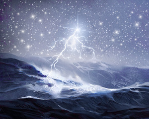 Artistic 3d illustration of a storm And thunder on the ocean