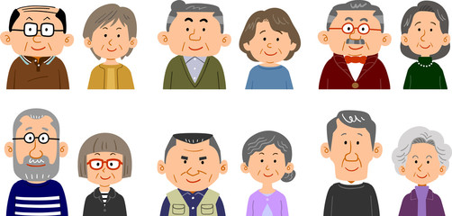 6種類のシニア夫婦の表情と上半身