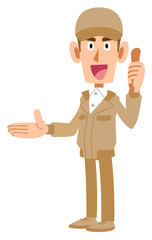 右側を指し示してサムズアップするベージュの制服の作業スタッフ