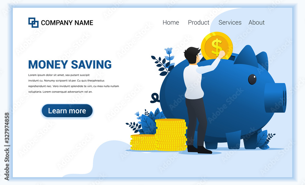 Poster modern flat web page design concept of money saving with a man puting coin money into large piggy ba