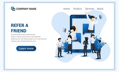 Refer a friend concept with a man and woman come out from smartphone and shout on megaphone for referral program. Can use for landing page, web banner, web template. Vector illustration