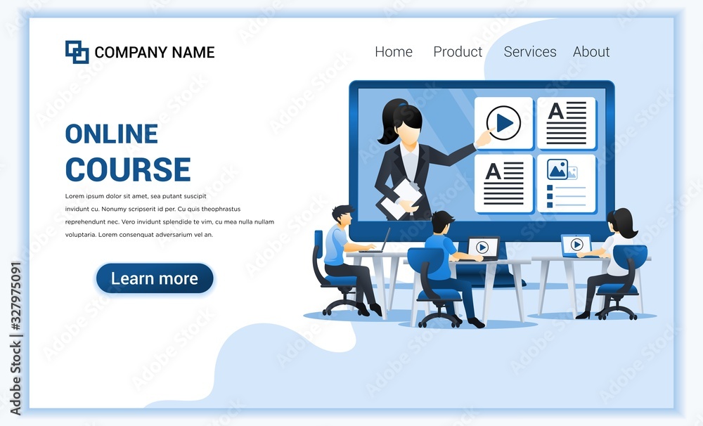 Wall mural online course with people sitting at desk and studying with laptop. can use for banner, mobile app, 