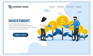 Modern flat web page design concept of Money investment with people watering money tree, increase profit and grow business. Flat landing page template. vector illustration