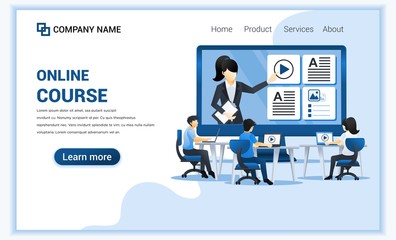 Online course with people sitting at desk and studying with laptop. Can use for banner, mobile app, landing page, website design template. Flat vector illustration