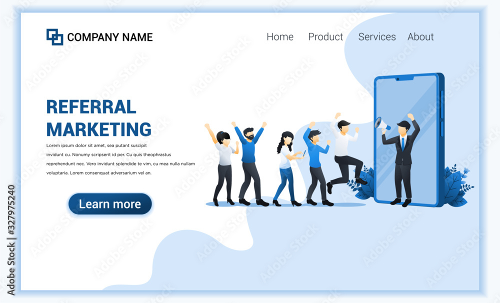 Poster referral marketing concept with businessman shout on megaphone for promotion referral program. can u