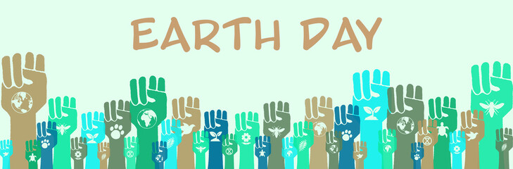 Earth Day, environmental activism, community raised hands in protest illustration banner, from me to we, human solidarity and protest to save the earth concept
