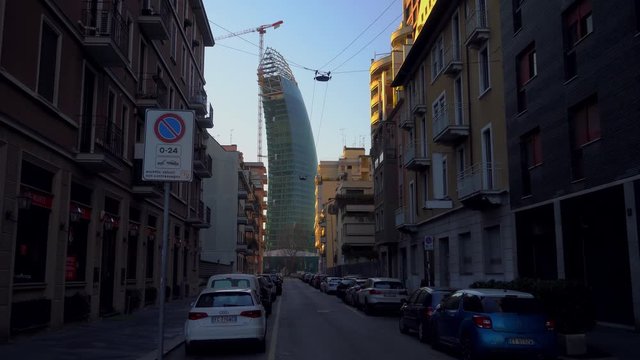 Aerial drone view of the new residence of the residence. Solar panels. The city of the fashion industry. Modern architecture of residential and business buildings in City Life. Milan, Italy April 2022