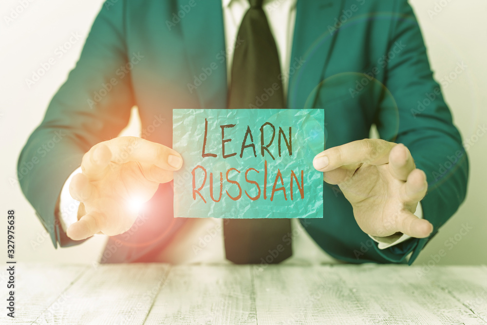 Poster text sign showing learn russian. business photo showcasing gain or acquire knowledge of speaking and