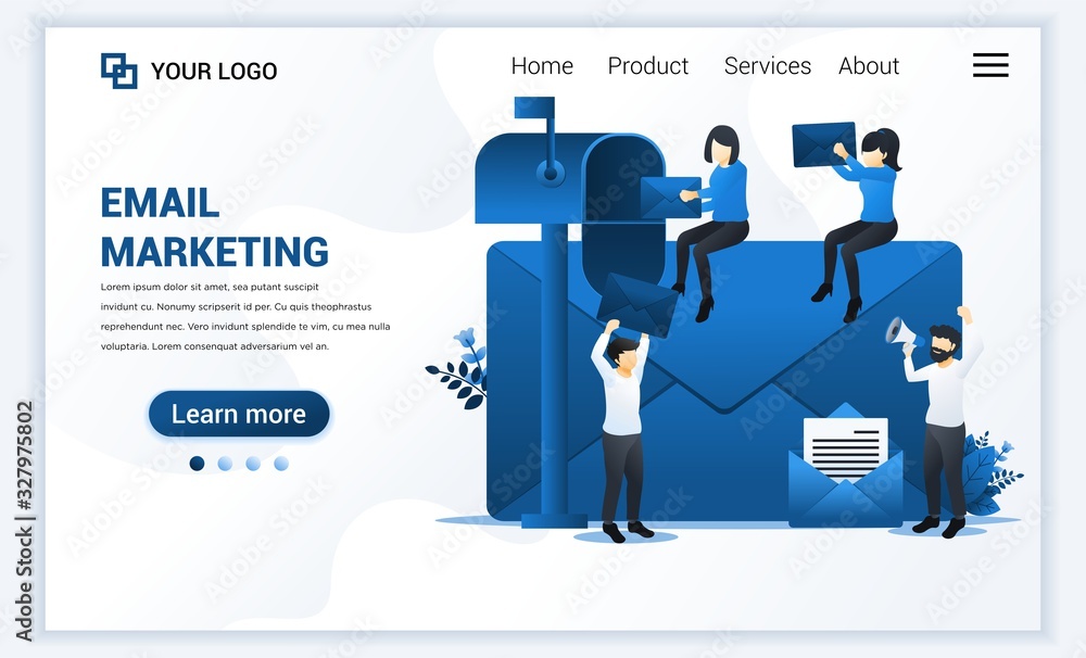 Poster landing page template of email marketing, mailing services with characters. modern flat web page des