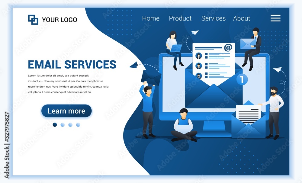 Poster landing page template of email marketing, mailing services with people work on device. modern flat w