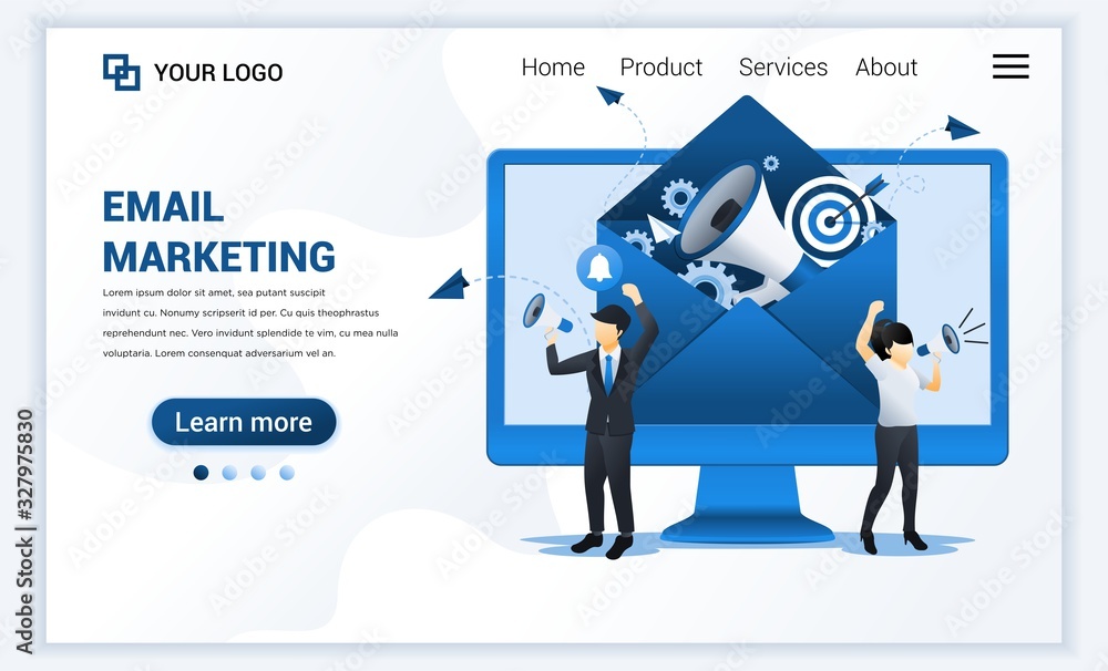 Poster landing page template of email marketing services with businessman shout on megaphone for promotion.