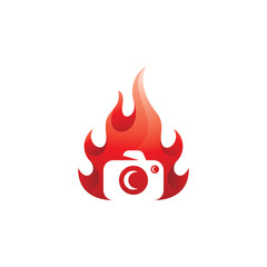 Camera Lens Photographer and Fire Flame Logo Icon