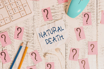 Text sign showing Natural Death. Business photo text occurring in the course of nature and from...