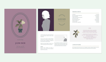 Floral memorial and funeral invitation card template design, magnolia flower, purple and brown tones © momosama