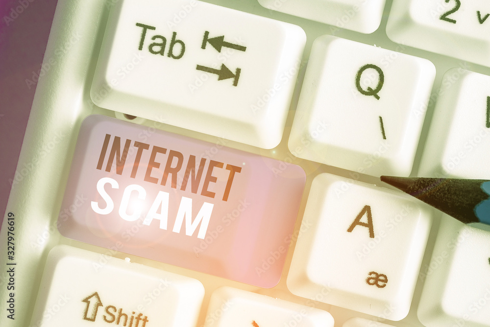 Aufkleber writing note showing internet scam. business concept for type of fraud or scam which makes use of th