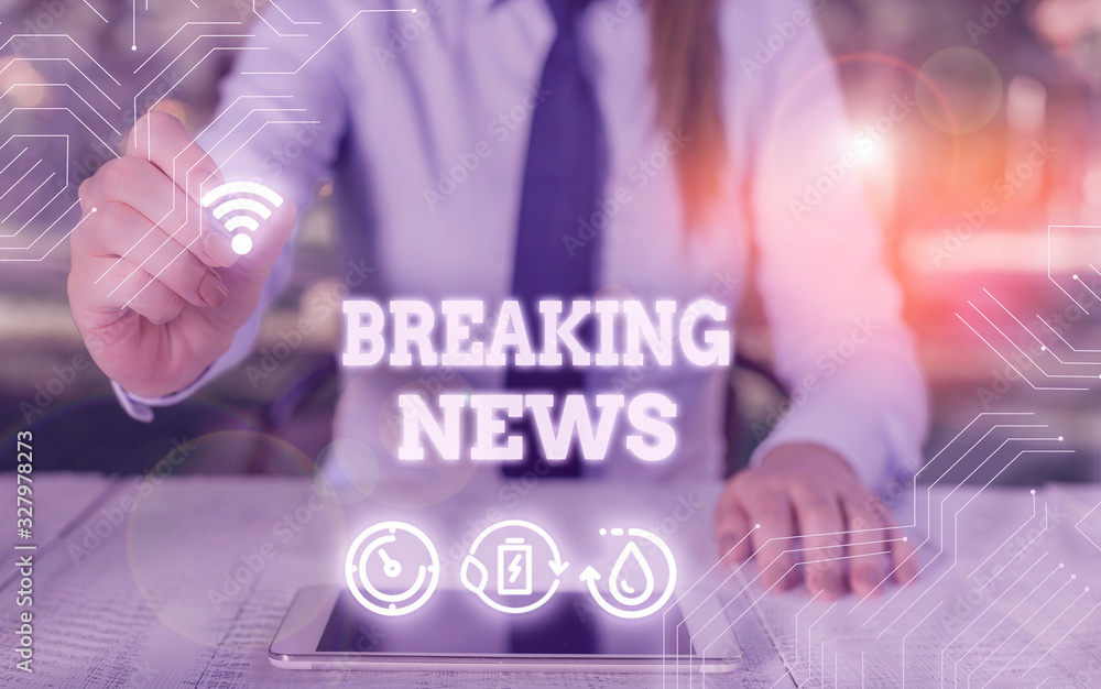 Poster writing note showing breaking news. business concept for newly received info about an event and curr