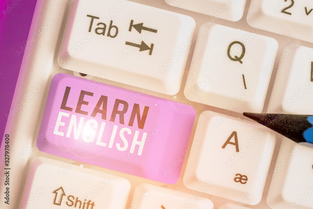 Aufkleber writing note showing learn english. business concept for gain or acquire knowledge of speaking and w
