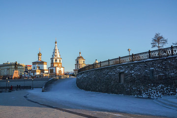 Irkutsk / Russia - February 10 2020: cityscape of quite Irkutsk city along the river in winter season