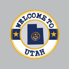 Vector stamp of welcome to Utah with 3D map outline of the state in center.