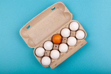 Egg Chicken eggs. Top view of an open gray box with white eggs Isolated on a blue background. One egg of a different color, a brown egg. The concept of focus, an outcast, not like everyone else, LGBT